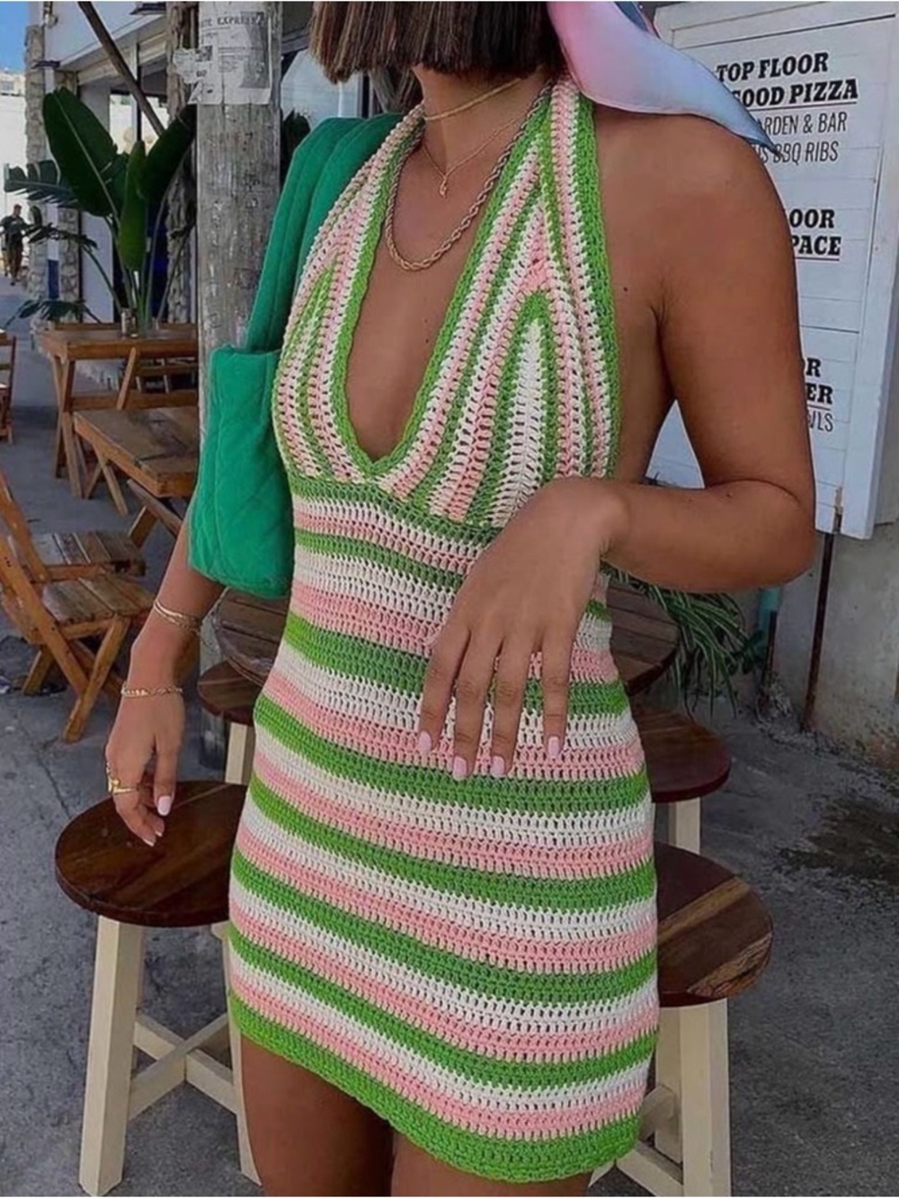 Crochet Knit Mini Dress Grandmacore Festival Granny Square  Halter Striped 8 - Picture 2 of 9